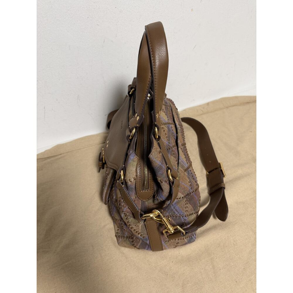 Aimee Satchel Bag Womens Medium Brown Leather Tweed Plaid Top Handle Crossbody - Picture 6 of 14